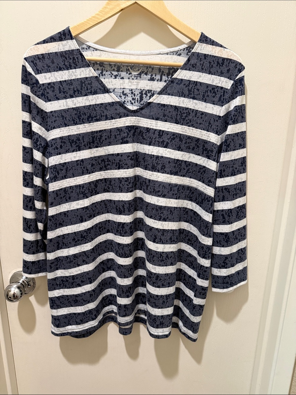 Women's Navy and White Striped V-Neck Long Sleeve Tee